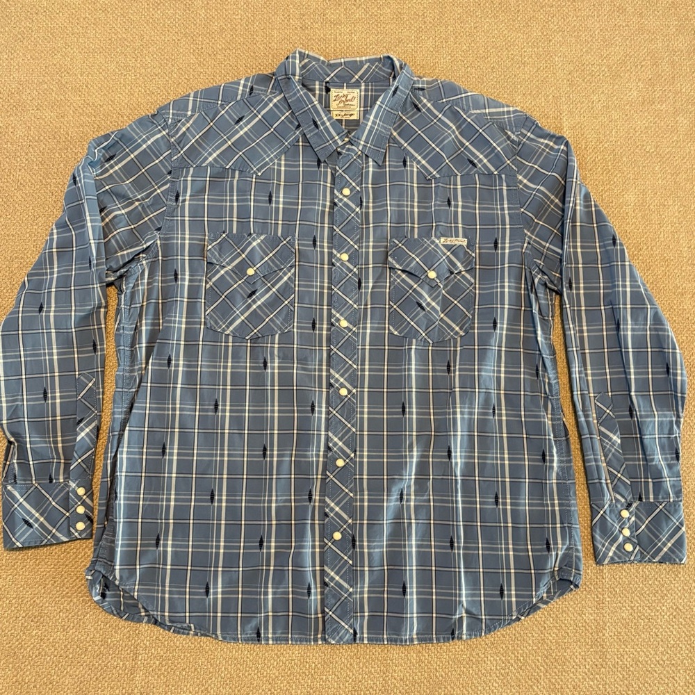Lucky Brand Shirt Mens 2XL Blue Pearl Snap Plaid Cotton Long Sleeve Western